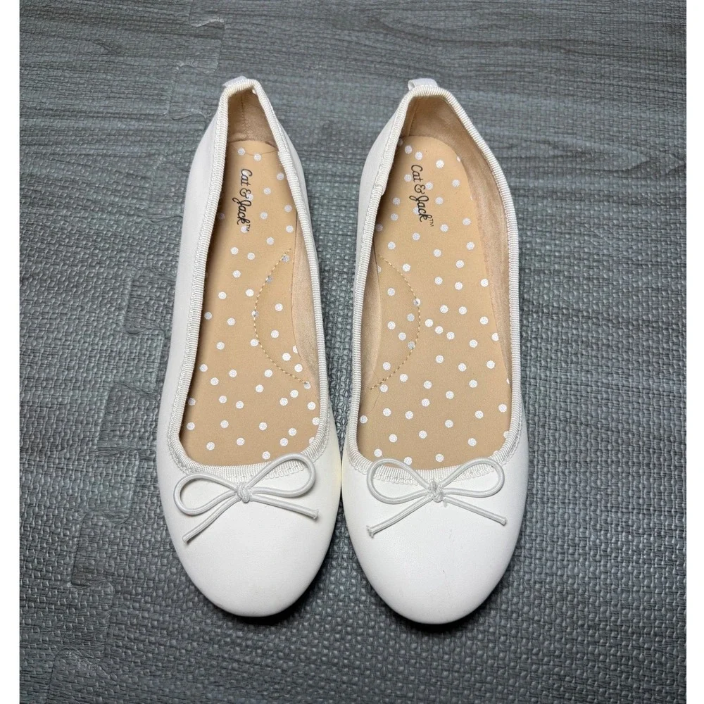 Cat & Jack Girls White Ballet Flats Bow Accent Slip On Dress Shoes Size 2‎
